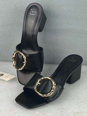 A New Day Black Gold Buckle Diana Style Women's Slip-on Heel Open Toe Sandals 11